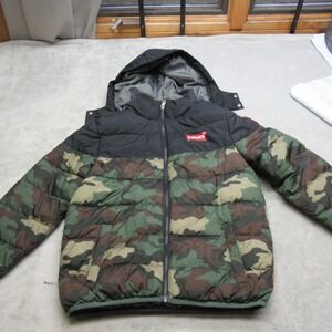Levis Jacket Youth Large Camo Quilted Puffer Hooded Full Zip Lightweight Pockets